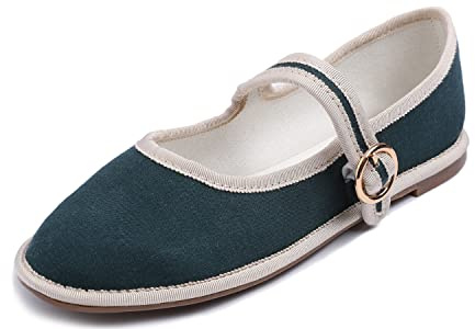 Feversole Mary Jane halvskor, platta fritidsdansskor, Duk mörkgrön, 42 EU