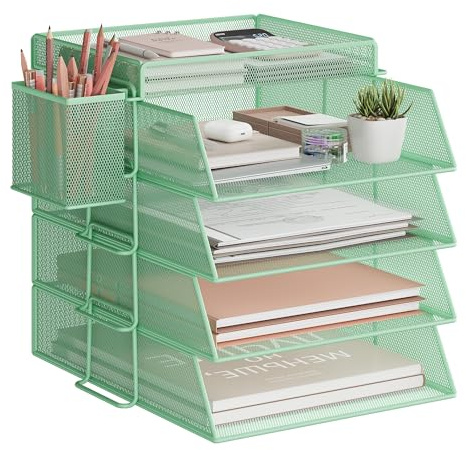 VITVITI Vassoio per Lettere, 4 Livelli Porta Documenti da Scrivania, Organizer Scrivania con 4 Portadocumenti, 1 Portapenne, per Documenti, Ufficio, Scuola (Grigio)