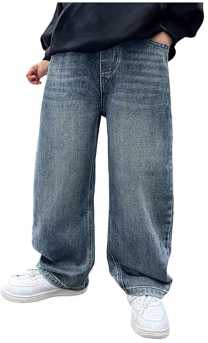 Jean Baggy pour garçons Pantalon en Jean Jambes Larges Poches avec Taille élastique Coupe Ample Stretch Jean Streetwear Jeans de Loisirs Pantalon de Sport Hip-hop Outdoor (Blue, 15-16 Years)