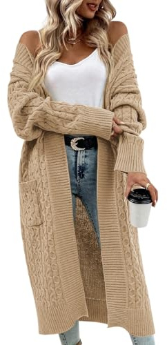 Saodimallsu Cardigan long en tricot épais pour femme, ample, léger, élégant, décontracté, uni, ouvert sur le devant, avec poches