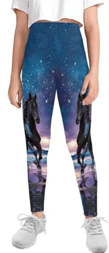 SCRAWLGOD Galaxy Horse Leggings for Girls 8-9 Starry Night High Waisted Yoga Pants Big Kids School Running Leggings Gym Capri Workout Legging Tummy Control Athletic Tights Gymnastic Activewear