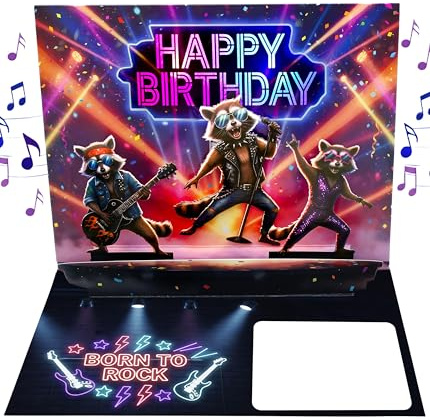 Joli Coon Biglietto auguri compleanno con musica e luce – Biglietto auguri compleanno pop up 3D Born to rock con effetto luminoso, busta e adesivo sigillo – 20 x 15 cm