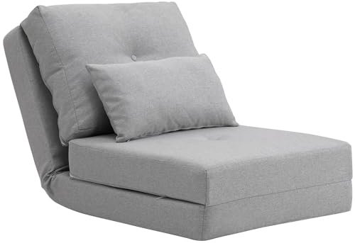 HOMCOM Divano Letto Futon Pieghevole 3 in 1 Convertibile con 2 Cuscini Sfoderabili, Reclinabile 5 Posizioni, Pouf Letto Singolo da Terra, Poltrona Letto Materasso Salvaspazio in Lino, Grigio Chiaro