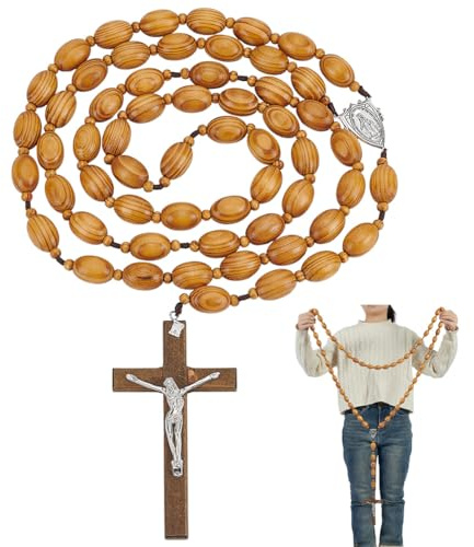 ORIGACH 2 pezzi grande croce ovale fatta a mano con rosario in legno massello decorazione da parete Gesù cristiano croce da parete regalo per chiese e decorazione della casa