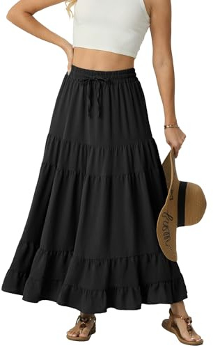 IWOLLENCE Black Maxi Skirts for Women UK Long Ladies Elasticated Waist A Line Flowy Two Side Pockets with Drawstring Lightweight and Breathable(Black, XXL)
