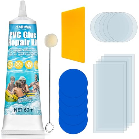 AllisWay Parche Piscina, Kit Reparación Piscina, Impermeable y Transparente,Incluye Almohadilla de Reparación,Adecuado Para Botes Inflables,Anillos de Natación y Kayaks,Goma Boat PVC Repair Glue,60 ml