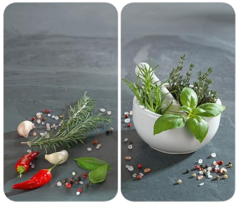 WENKO Plaque de Recouvrement Universelle Mod Cuisine aux Herbs, réglable en hauteur pour tout type de cuisinière, planche à découper et protection anti-éclaboussures, verre, 30 x 52 cm, 2 pièces