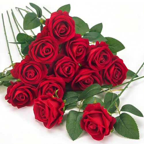 poraceous 12 Piezas Rosas Artificiales, Ramo de Rosas con Tallo Largo(Rojo)