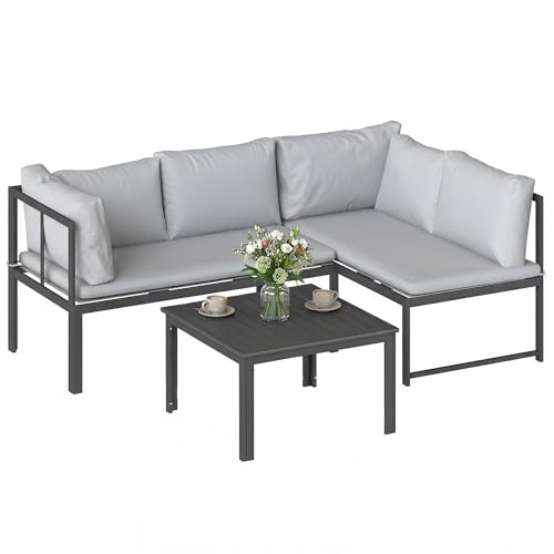 Outsunny Salon de Jardin 3 Pièces Canapé d'angle Extérieur Modulable Gris | Accoudoir Réglable, Canapé 4 Places, Coussins Épais 16cm, Table Basse, pour Terrasse ou Balcon