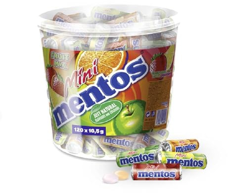 Mentos Mini Fruit Mix Bucket, Eimer mit 120 mini Rollen à 5 Frucht-Dragees, Kaubonbons in den Sorten Orange, Erdbeere, Apfel & Zitrone (120 mini Rollen), vegan
