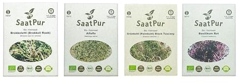 SaatPur EKOLOGISKA groddar sortiment 4 EKOLOGISKA varianter superfood mix blandning - broccoli alfalfa grönkål basilika röd