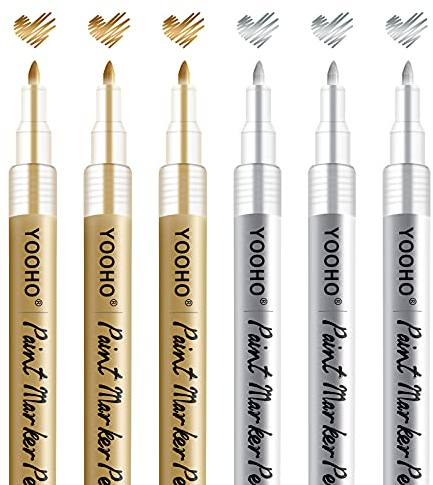 YOOHO Gold Silber Metallic Stifte Acrylstifte Set Wasserfest, 0.7 mm Dünner Spitze Multimarker für Steine Holz Glas Scrapbook Leinwand Leder Keramik DIY Zeichnung (3 Gold und 3 Silber)