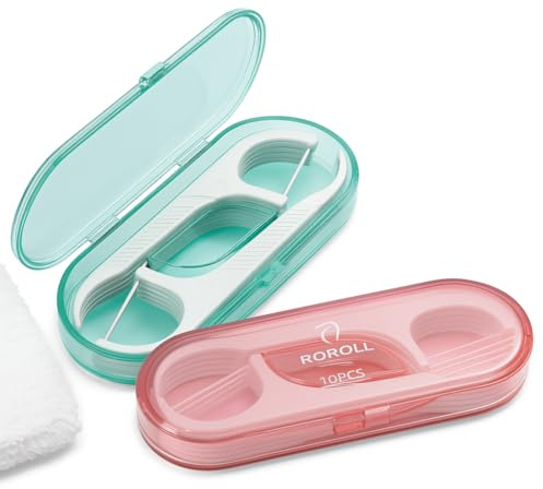 2 Pack Reusable Dental Floss Picks with Travel Cases – 20 Tooth Picks for Teeth Cleaning – Portable His & Hers Flossing Kit – Oral Care for Home, Work, Travel, Camping – Pink & Green