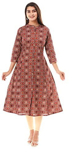 VIHAAN IMPEX Red Paisley Print Cotton Anarkali Kurti for Women Indian Tunic Dress 3/4 Sleeve Ladies Clothes Womens Gifts UK