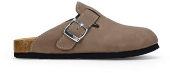 BOSANOVA Flache Clogs mit Riemen und verstellbarer Schnalle und Bio-Korksohle von 2,7 cm. Ohne Verschluss. Komfort-Einlegesohle. Damenschuhe, Taupe, 40 EU