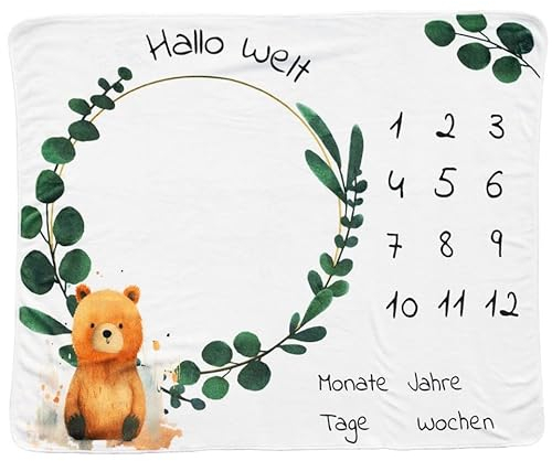 kreativherz - Premium Baby Meilenstein Decke Tier-Motiv „Bär“ 120x100cm extra Weich - Meilensteindecke Monatsdecke nach OekoTex geprüft - Babydecke Zahlen 1-12 mit Tage, Woche, Monate und Jahre