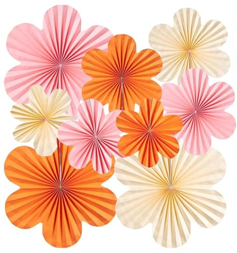 SUNBEAUTY 9 unidades de abanicos de papel decorativos colgantes, guirnalda floral, rosa, naranja, crema, para bodas, cumpleaños y fiestas