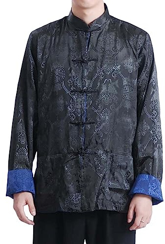 Men's Tang Suit Jacket Dragon Chinese Traditional Frog Button Long Sleeve Stand Collar Coat Kung Fu Wing Chun Uniform (Black/Blue, L)