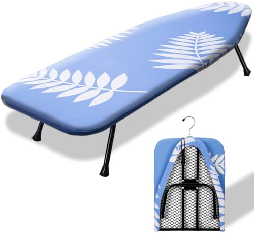 SheeChung Mini Ironing Board 12x32,Tabletop Ironing Boards with Removable Cotton Cover and Pad,Mesh Metal Base Iron Table,Foldable Small Ironing Board for Home Dorm Travel,Blue Leaf
