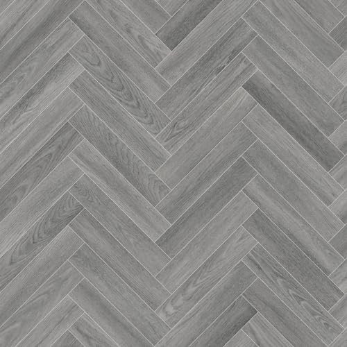 Grey Modern Herringbone Parquet Effect Maestro Vinyl Flooring 2mm Anti-Slip Lino for Kitchen Bathroom (W: 3m x L: 4m)