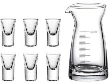 HWJFDC Vasos Chupito Juego de 7 Copas de Vino de Vidrio Transparente for Bebidas espirituosas, Vasos de chupito de 15 ml con Fondo Grueso y dispensador de Vino Graduado de 80 ml