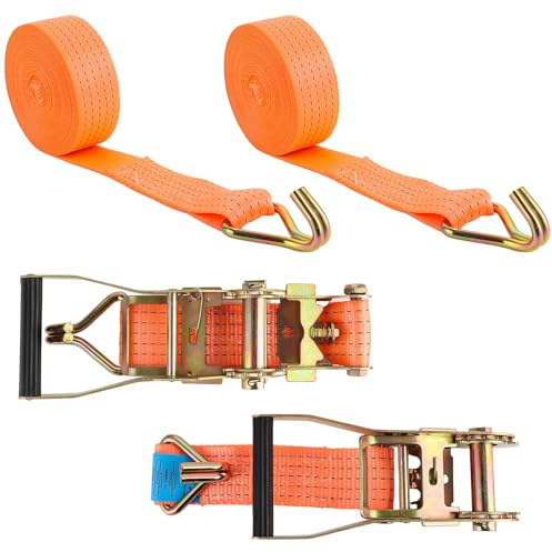 ASelected Pack de 2 Cinchas de Amarre con Trinquete y Ganchos J, Cinchas Naranjas de Poliester 10 m X 50 mm, Eslingas de Carga 2000 kg para Remolque, Coche, Moto y Equipaje