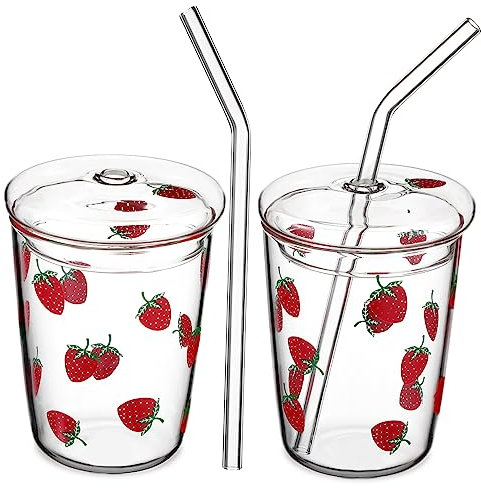 OFFSCH 2piezas Vasos De Vidrio Con Estampados De Fresas Vasos Para Beber Con Tapa Para Leche Té o Jugo Decorativos Hogar