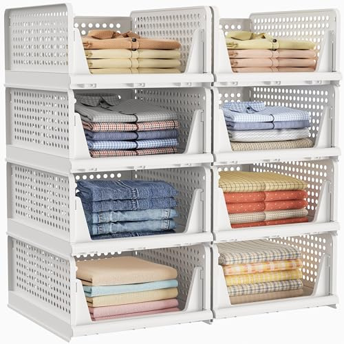HOMIDEC Wardrobe Storage Organiser, 8 Pack Stackable Storage Boxes Drawers Baskets for Clothes, Folding Plastic Cupboard Closet Organiser Shleves for Bedroom Wardrobe