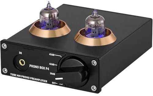 HYYKEJI Preamplificador de Fono, Mini preamplificador de Alta fidelidad, con Tubo de vacío, Interruptor Entre 3 Modos 39, 42 o 45 Db, Tubos reemplazables, para el hogar, Lugares de Entretenimiento