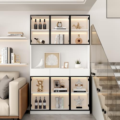 Idemon Puerta de cristal de 200 cm de alto, vitrina blanca con luz ambiental, estantería con múltiples opciones de almacenamiento para colección, dormitorio, sala de estar, oficina, color blanco –