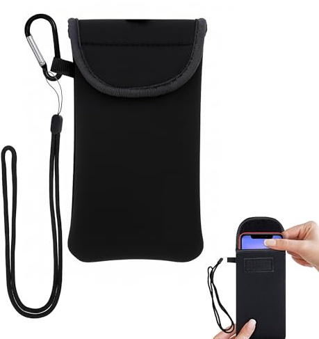Jyinelx 1PC Neoprene Phone Pouch Protects,Universal Mobile Phone Case,Shock Phone Sock with Carabinas and Neck Lanyards Straps,Mobile Sleeve Bag for Hiking Travelling,Black