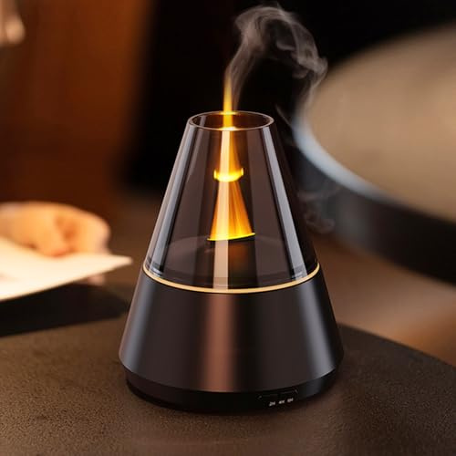 Diffuseur Huiles Essentielles avec Effet Flamme, 7 Couleurs Lumières LED Humidificateur Diffuseur Parfum Maison, Diffuseur Aromathérapie, Fonction minuterie et Arrêt Automatique sans Eau-Noir