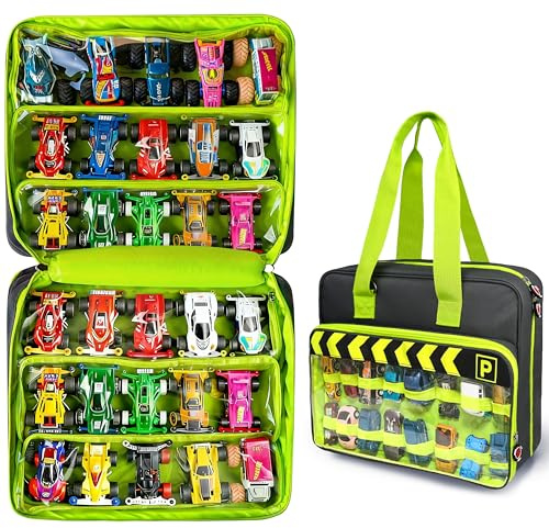 Monster Truck Carrying Case with 6 Transparent PVC Zip Bags - Holds 30pcs Hot Wheels Monster Trucks and 16pcs 1:64 Scale Mini Toy Cars, Monster Truck Storage with Handles & Shoulder Strap (grey)