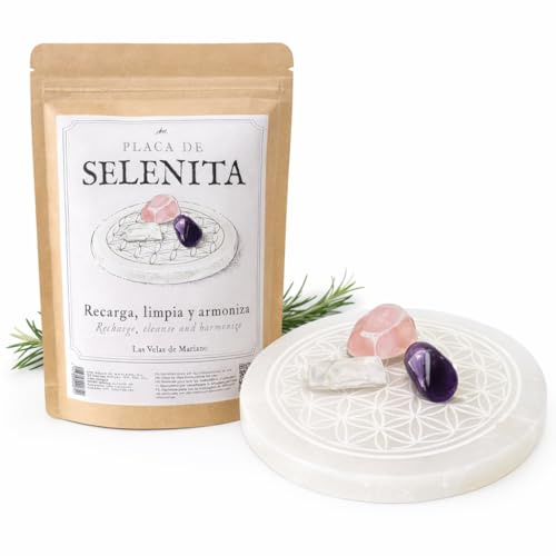 Placa de Selenita Natural Grabada 8 cm de Diámetro, para Carga de Cristales, Joyas y Piedras Curativas (Flor de la Vida)