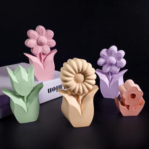 Stampi in silicone per la primavera, 4 stampi in silicone per fiori 3D, per la primavera, in silicone, per fiori e tulipani, per versare candele pasquali (A)