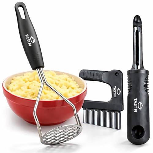 TASTFI - Machacador de Patatas de Acero Inoxidable Profesional,Incluye Pelador Profesional y Cortador - Prensa para Puré, Verduras y Frutas