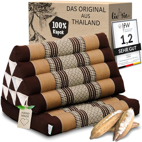 livasia Thai cushion with 1 seat rest - 30x20x3.1″ - Triangle cushion with seat cushion, Wedge cushion, kapok, Back support cushion, folding, Thai mat, folding, Hand made (Brown)
