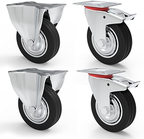 Pack de 4 ruedas para equipo de transporte - Para cargas pesadas - 2 ruedas fijas y 2 giratorias con freno - 75 mm hasta 200 mm de diámetro - Goma negra con llanta de acero, Ø 160 mm
