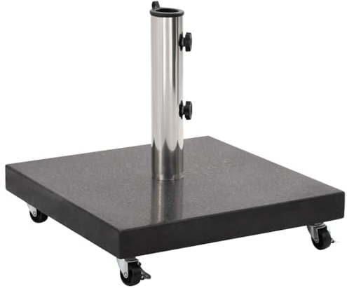 vidaXL Parasol Base Granite 30kg - Square Black Granite Umbrella Stand Holder with Castors and Stainless Steel Tube for Outdoor, Garden, Patio