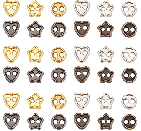 FINGERINSPIRE 240 Stück 4 Farben Mini-Metallknöpfe 4mm Herz & Stern & runde Legierungsknöpfe Mini-Knöpfe mit separatem Fach Box Kleine 2-Loch-Knöpfe für Puppenkleiderbeutel DIY Handarbeit