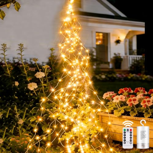 yowin Luces Árbol Navidad Pilas 1M 100 LED Luzes Cascada con Remoto, 8 Modos Guirnalda Árbol Navidad Impermeable Luces de Hadas Navideñas para Interior Exterior Jardin Decoración