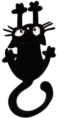 Urbanski Patch süße schwarze Katze kratzt und hält sich fest zum Aufbügeln 7,9 x 3,5 cm | Aufnäher Applikation Bügelbild
