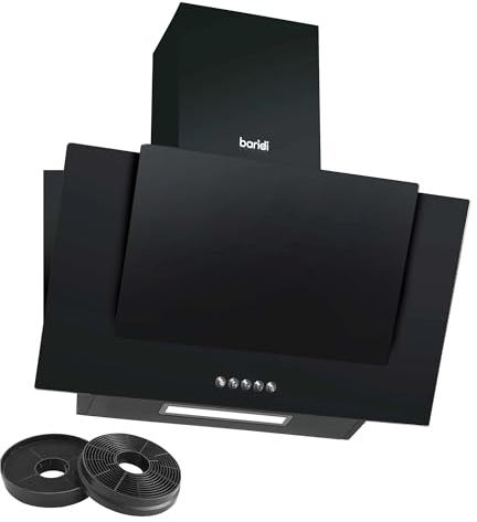 Baridi 60cm Angled Chimney Cooker Hood with Carbon Filters, LED Lamp, Energy Class B, Black Glass - DH129