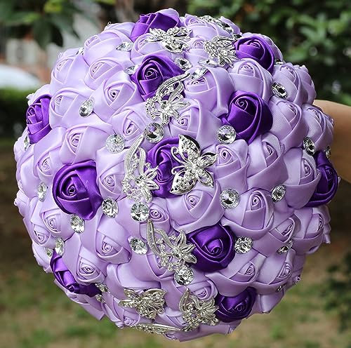 Sharebeauty Ramo de novia de satén hecho a mano de 8.3 pulgadas, ramo de boda redondo, ramo de flores artificiales, morado claro + morado