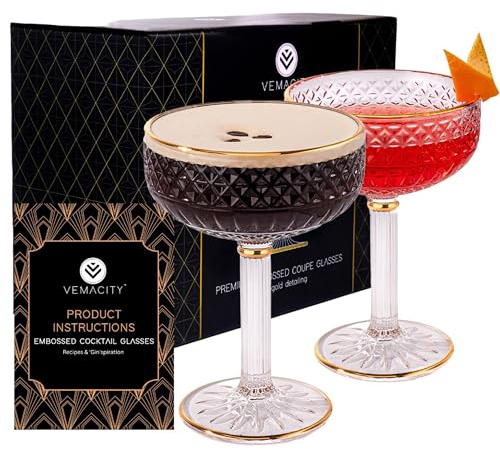 Vemacity Luxus Coupe Cocktailgläser 2er Set | Geprägte Champagner & Cocktailgläser mit Goldrand | Espresso Martini Gläser | Perfekt als Cocktailglas | Ideal für Weihnachten und Neujahr