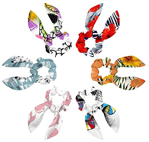 6PCS Hair Scarf Scruncheis for Women Girls, Ribbon Bow Elastic Hair Ties Bands Satin Hair Ribbon Scrunchy Ponytail Holder Accessories,Red Flowers and Palm Leaves