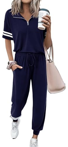 MASCOMODA Womens Two Piece Outfits 2026 Summer Short Sleeve Quarter Zip Pullover Tops Jogging Pants Tracksuit Loungewear Set(Navy,Large)