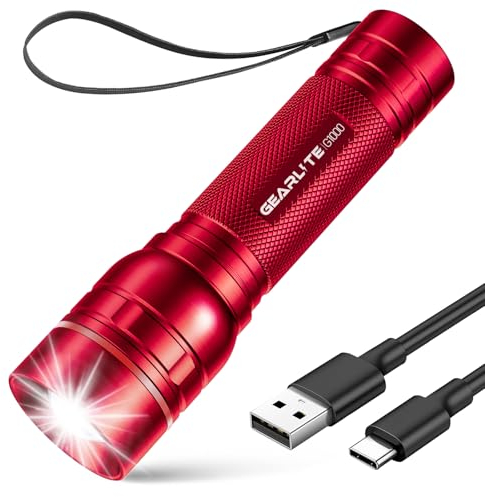 GEARLITE Lampe Torche LDE Rechargeable, Lampe de Poche 2000 Lumens 3 Modes, Zoomable Lampe Torche Tactique LED Ultra Puissante, Mini Lampe de Poche Enfant Portable Pour Cadeau Camping Urgence Rouge