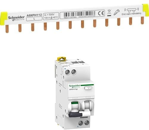 Bundle aus Schneider Electric A9XPH112 Phasenschiene Steg, ablängbar, 1P, 12 TE, 100A + Schneider Electric A9D56613 FI/LS-Schalter iDPN N Vigi 1P+N, 13A, B-Char, 30mA, Typ A, 6kA, 13 Ampere