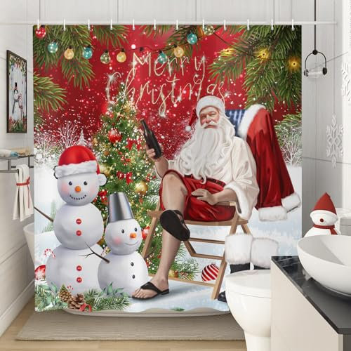ASDCXZ Rideau de Douche de Noël 180x200 cm, Bonhomme de Neige Arbre de Noël Cadeau Rideaux de Douche de Salle de Bain Lavables imperméable en Textile de Polyester pour Baignoire avec 12 Crochets